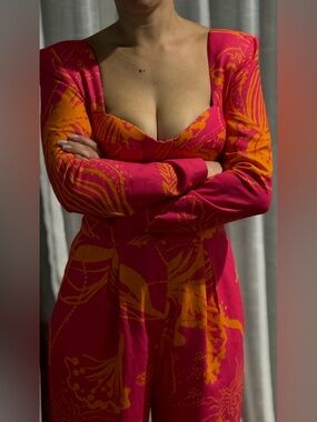 GEPUR Pink Orange Matching Set Crop Top Pants Tropical Branch Vacation Outfit S